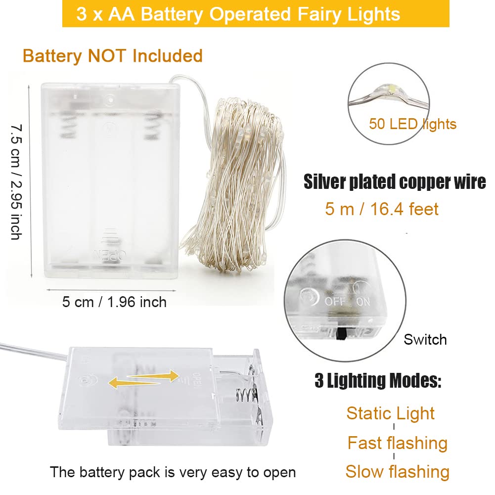 Luces LED Pilas, 5m 50 LED Cadena de Luces con Pilas Mini LÁMpara Alambre de Cobre Intermitente Guirnalda Cadena Luces para Casa Dormitorio Navidad Fiestas Boda Decoración (4Pcs Blanco Cálido)