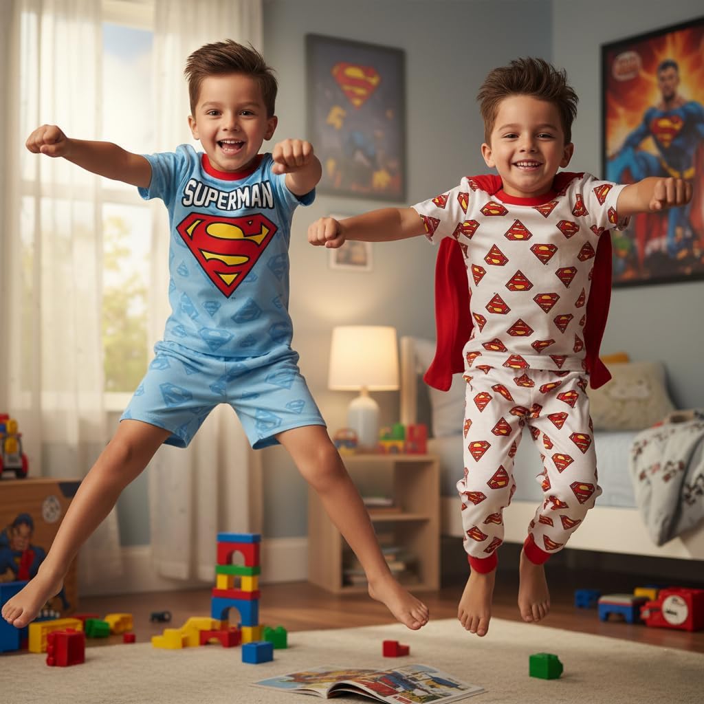 Superman 4 Piece Pajama Set - Boys Snug Fit PJ Set, Short Sleeve Shorts & Pants - Kids Sleepwear - Official License