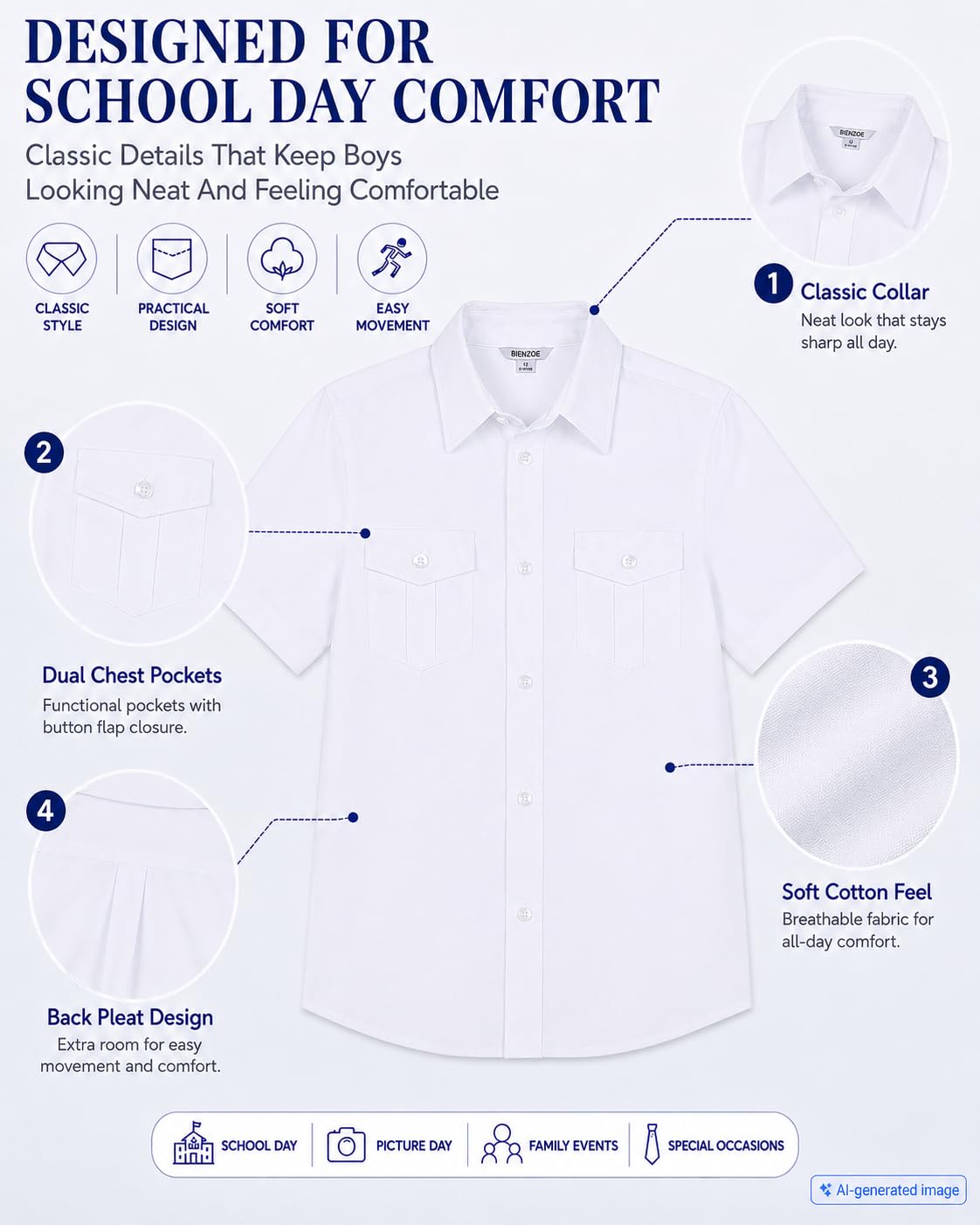 Bienzoe Garçons Manche Courte Chemise pour L'école: Enfants Bouton Haut Collier Robe Mode Chemises