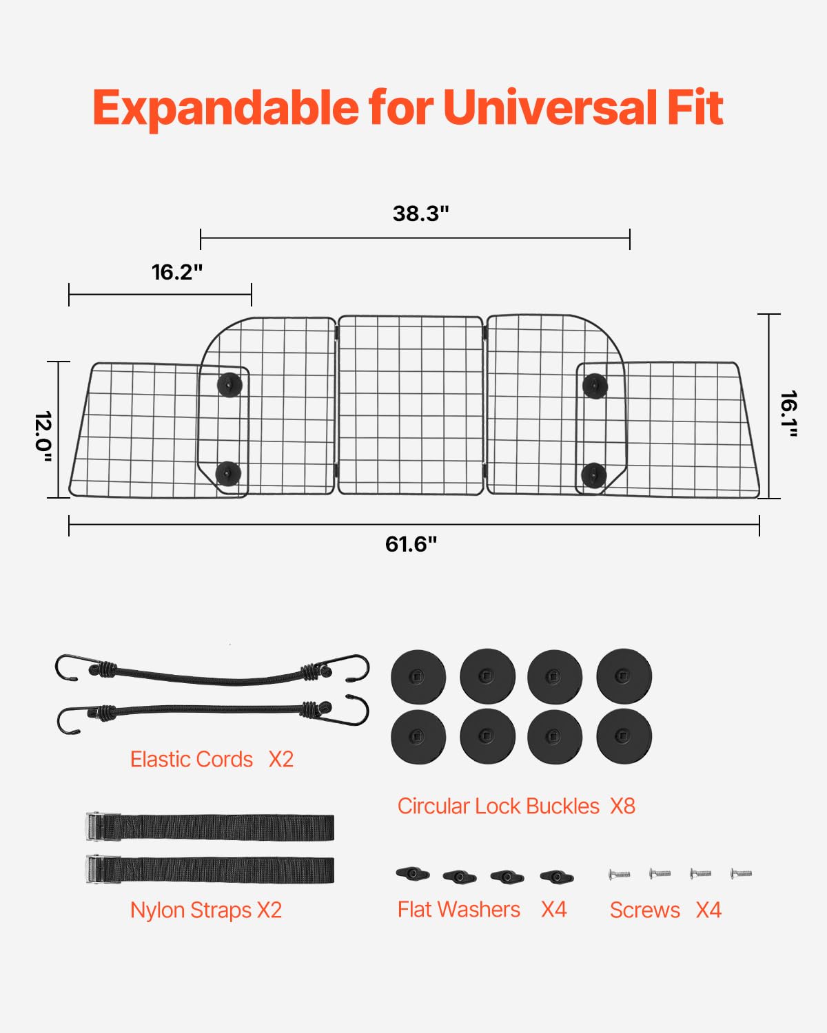 VEVOR Barrière de Voiture pour Chien Réglable 97,2-156,5 cm, Grille Pare-Chien en Treillis Métallique Robuste pour Siège Arrière, Universel pour Animaux de Compagnie, SUV, Berline, Camions, Véhicules