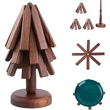 Wooden Tree Trivets for Hot Dishes, Tree Coasters Set for Hot Pot, Bowl, Teapot 3 Wood Trivets + 1 Stand Black Walnut, Color Box