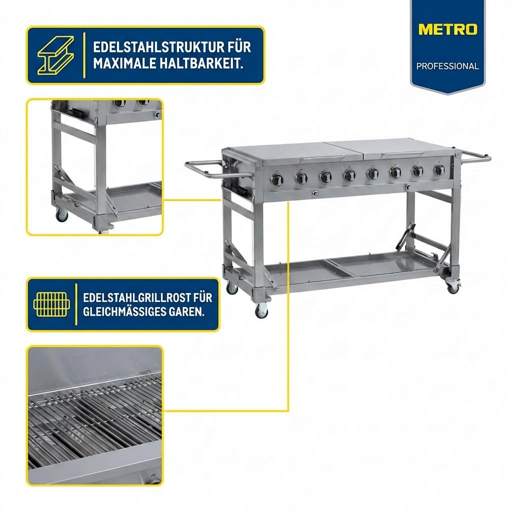 METRO Professional 8-Brenner Gasgrill, Grillfläche 49 x 120 cm, Ablagetisch, fahrbar, Schutzabdeckung, Edelstahl, silber