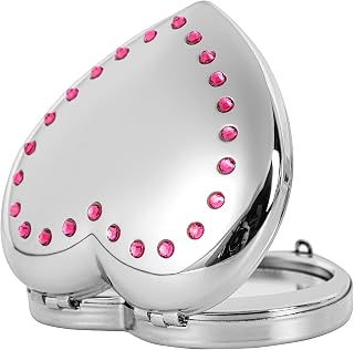 Elegant and Stylish Mini Heart-Shaped Portable Metal Folding Mirror with 1X/2X Magnifying Glass. (Silver)