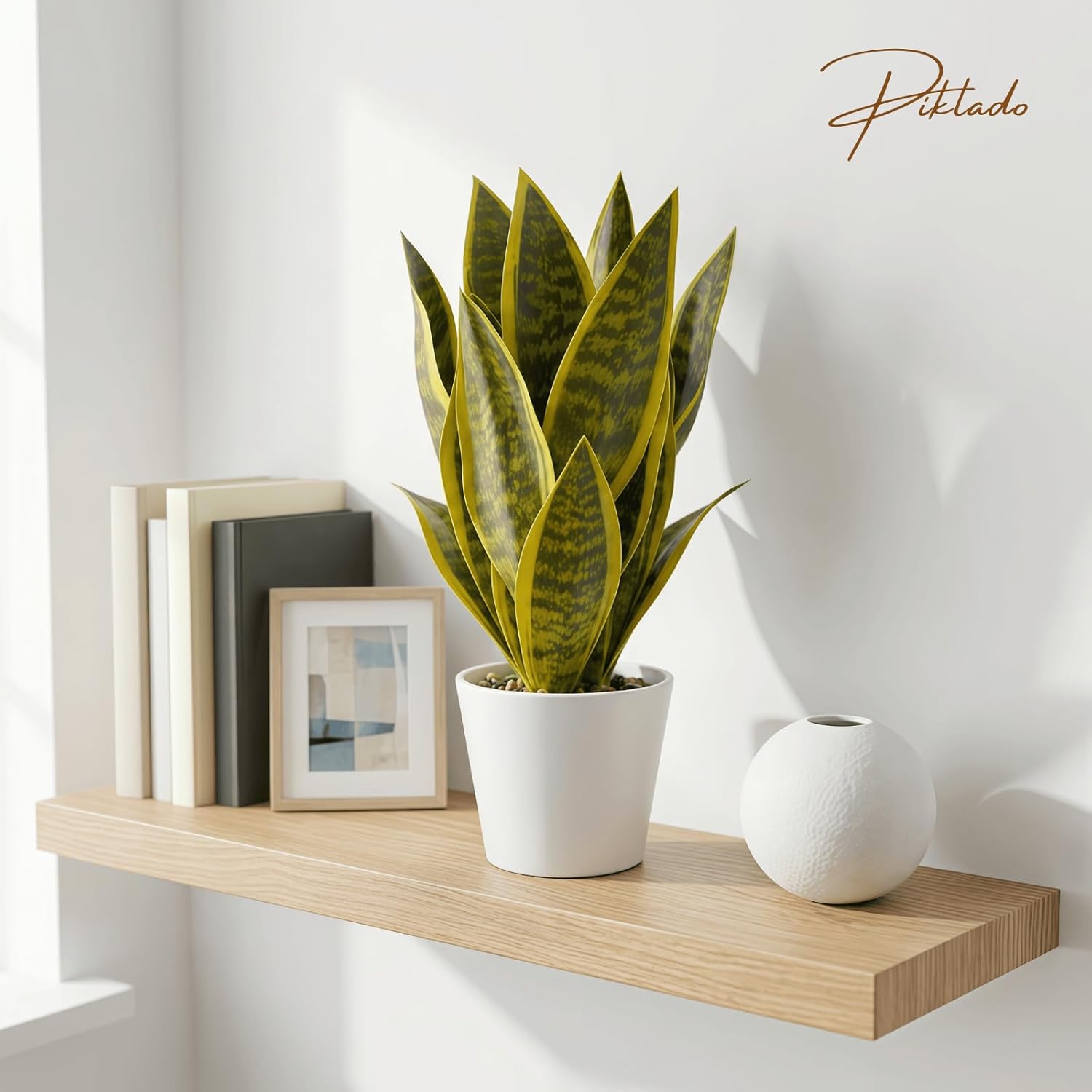Artificial Snake Plants in White Pot, 15.5'' Sansevieria Potted Plant, Modern Fake Greenery for Desk, Indoor Decoration for Office, Bathroom Home Decor (Green & Yellow -2)