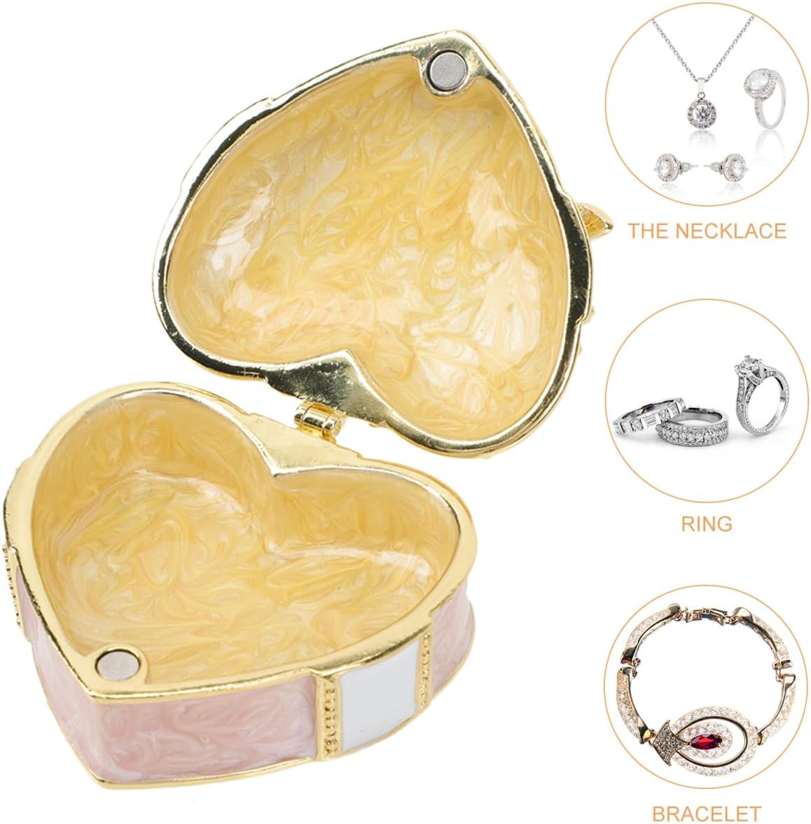 Heart Shape Jewelry Box, Enamel Rhinestones Bow-knot Jewelry Trinket Box, Love Heart Bow-knot Pink Ring Holder for Mother