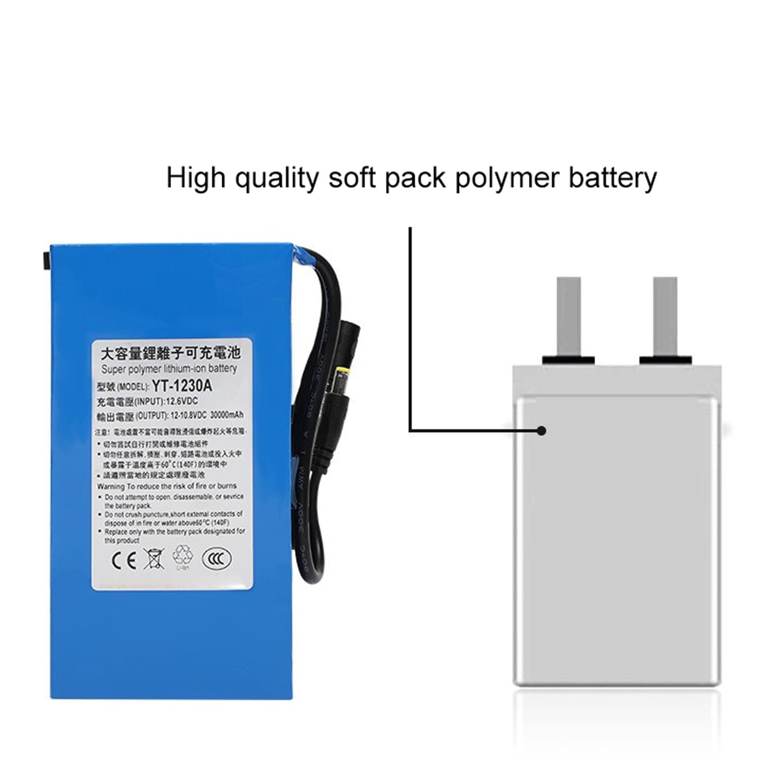 Batería Iones Litio Recargable 12V 30Ah batería de polímero de Litio portátil de 30 000 mAh para Equipos electrónicos de 12 V con Cargador,No Light 12v30000mah