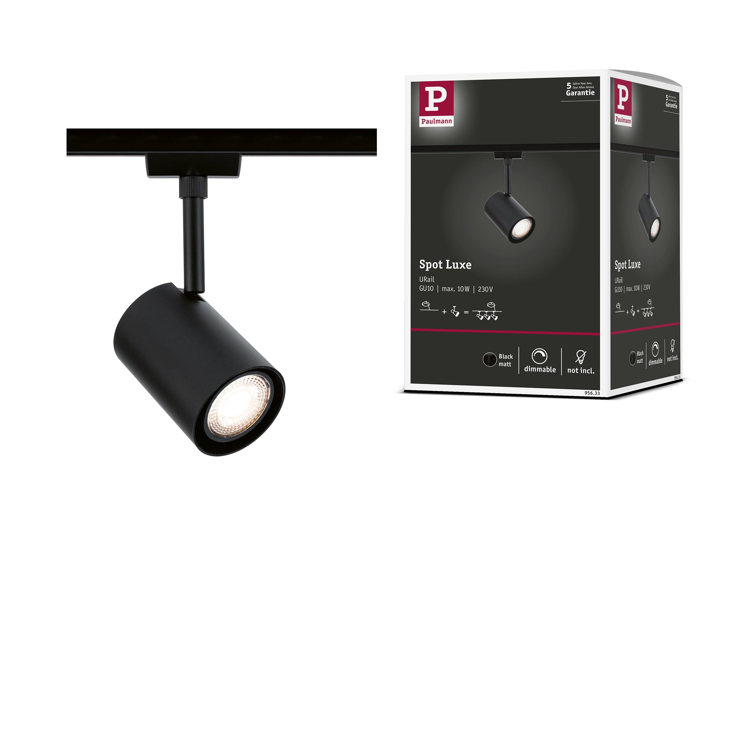 Paulmann 95633 URail Spot sur rail Luxe GU10 max. 10 W, dimmable, 230 V, noir mat, système de rails libre choix de l'ampoule