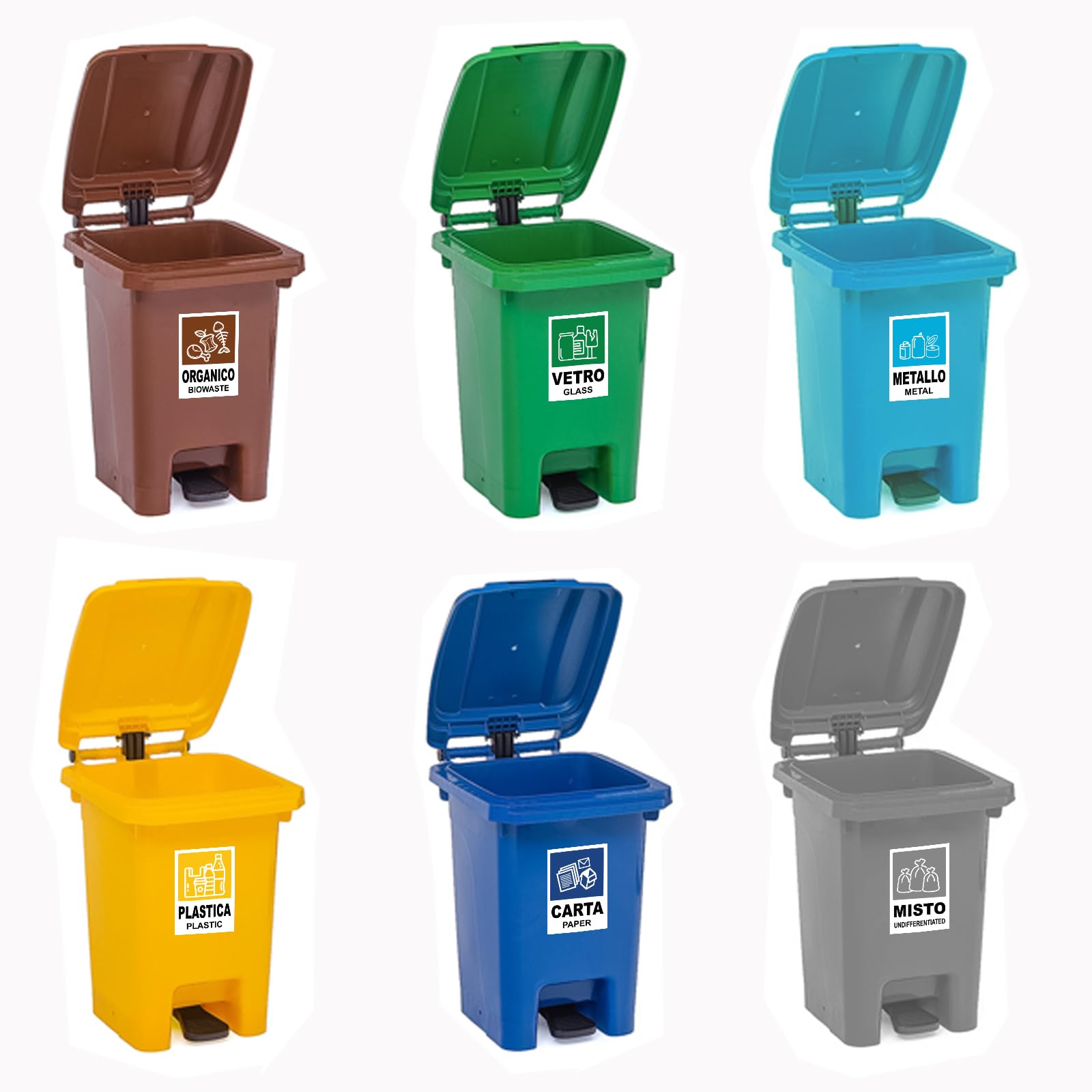 12 Adesivi GRANDI XL per Raccolta Differenziata - Formato 21cm x 15cm - Etichette per Contenitori Rifiuti in Italiano e Inglese - Adesivo per Riciclo Lavabile Antigraffio Resistente
