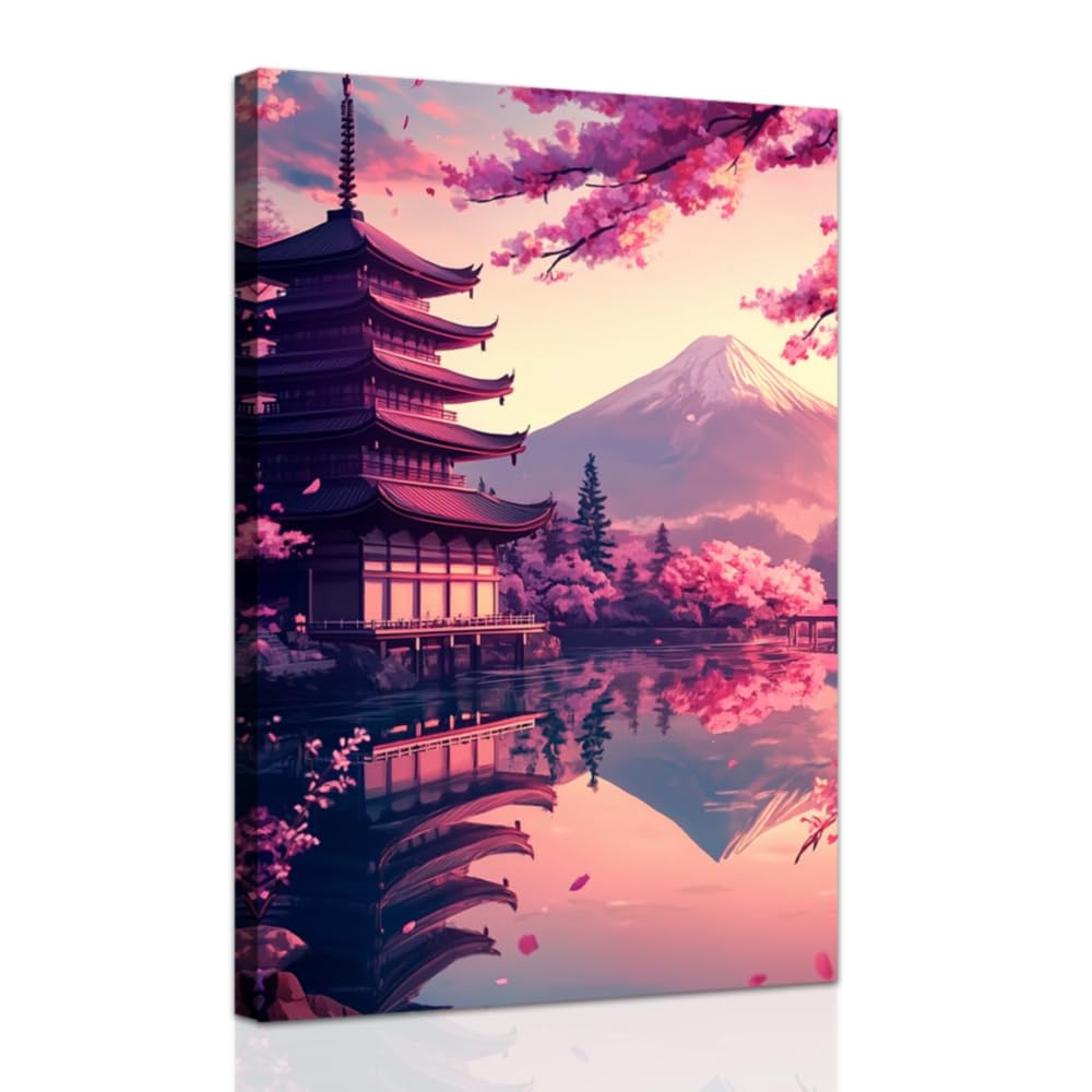 ZXHYWYM Japanese Wall Art Pink Cherry Blossom Pictures for Bedroom Japan Landscape Poster Prints Sakura Canvas Painting Framed Ready to Hang (30 x 45 cms)