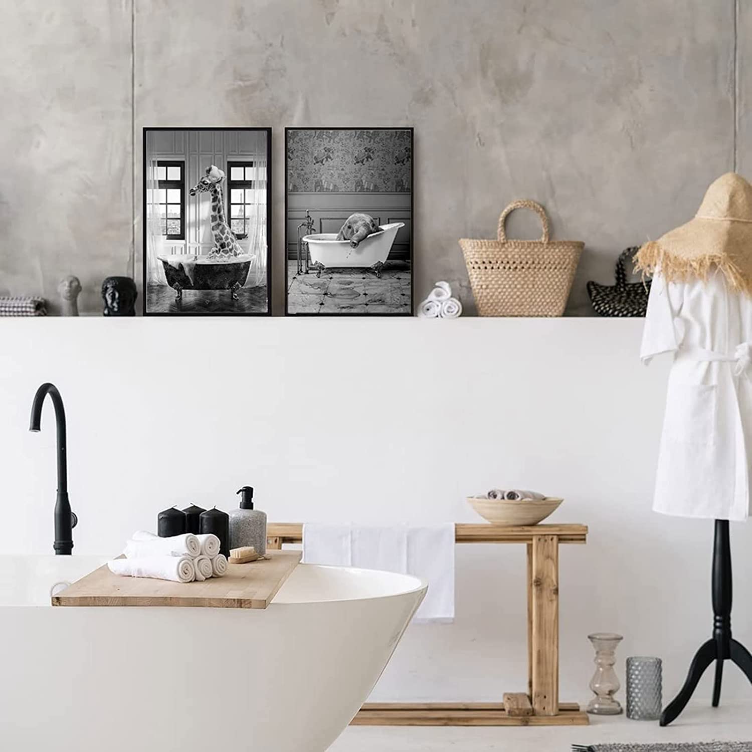 Immagini da bagno, in bianco e nero, panda animale, nella vasca da bagno, immagine divertente da parete, stampa su tela, decorazione per la casa(20 x 30 cm x 4 pezzi)