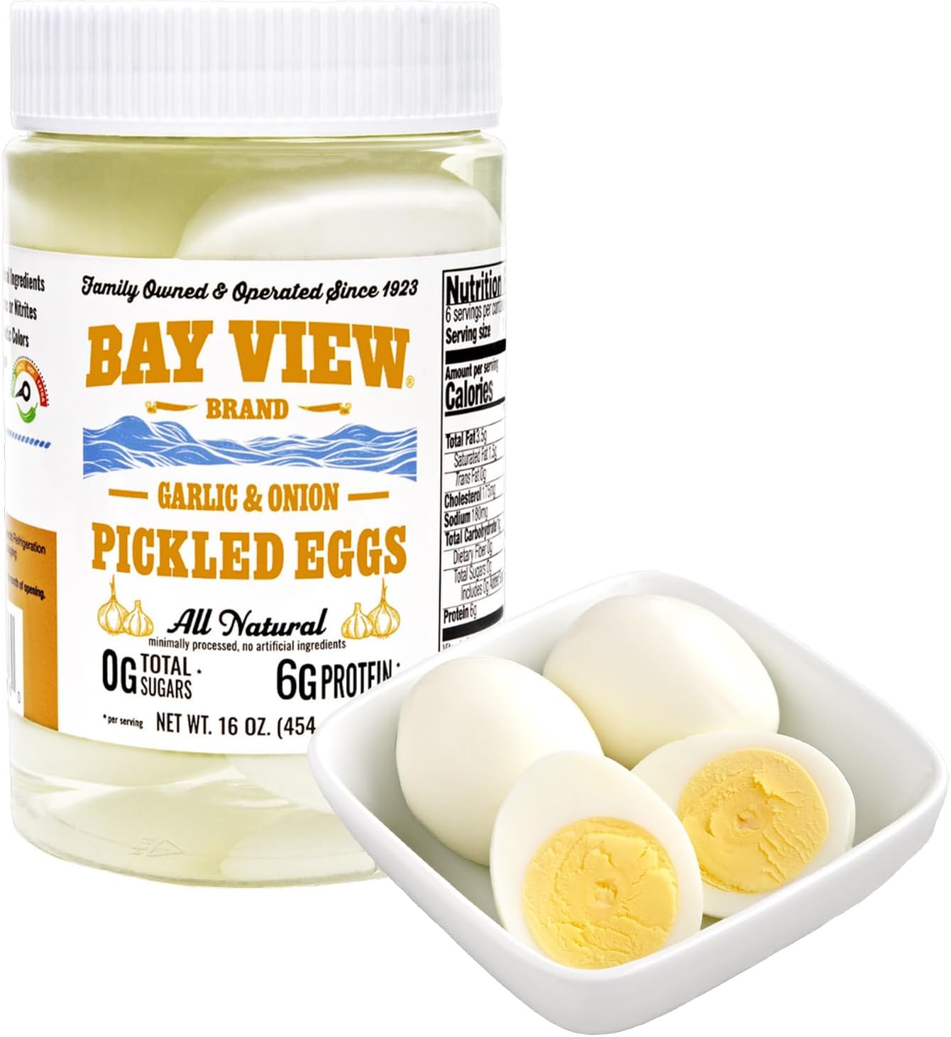 Bay View Pickled Eggs, Boiled & Peeled, Garlic N' Onion, Pack of 1, 16oz | No Artificial Ingredients, Gluten Free, 0g Sugar, 6g Protein, Fresh Grade A Eggs, Boiled and Peeled