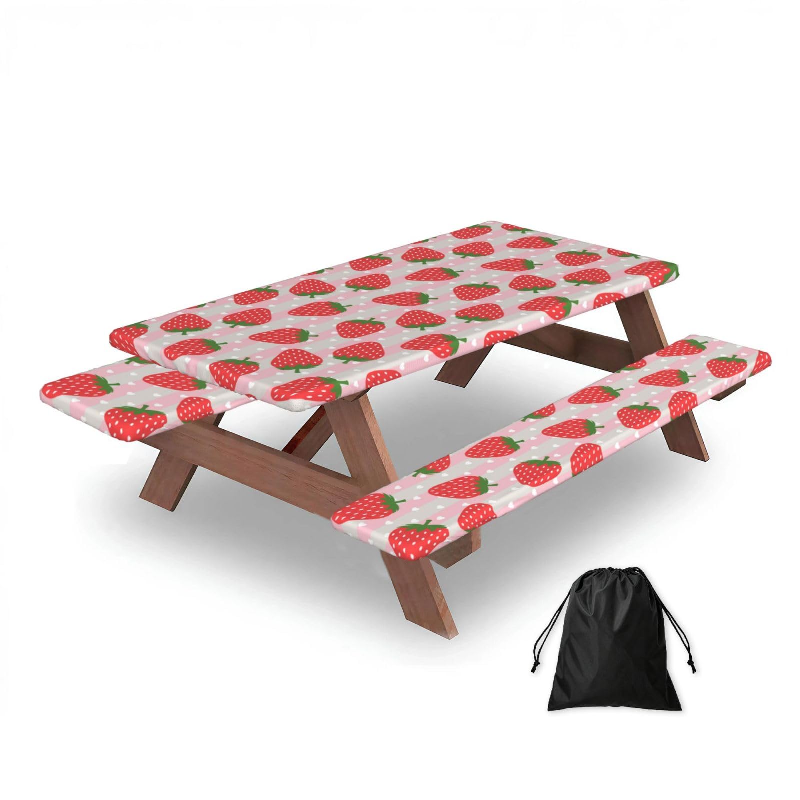Dopklna As Picture Strawberry, Picnic Table Cover With Bench Covers -Waterproof Elastic Fitted Tablecloth For Garden Camping Patio 76X152cm