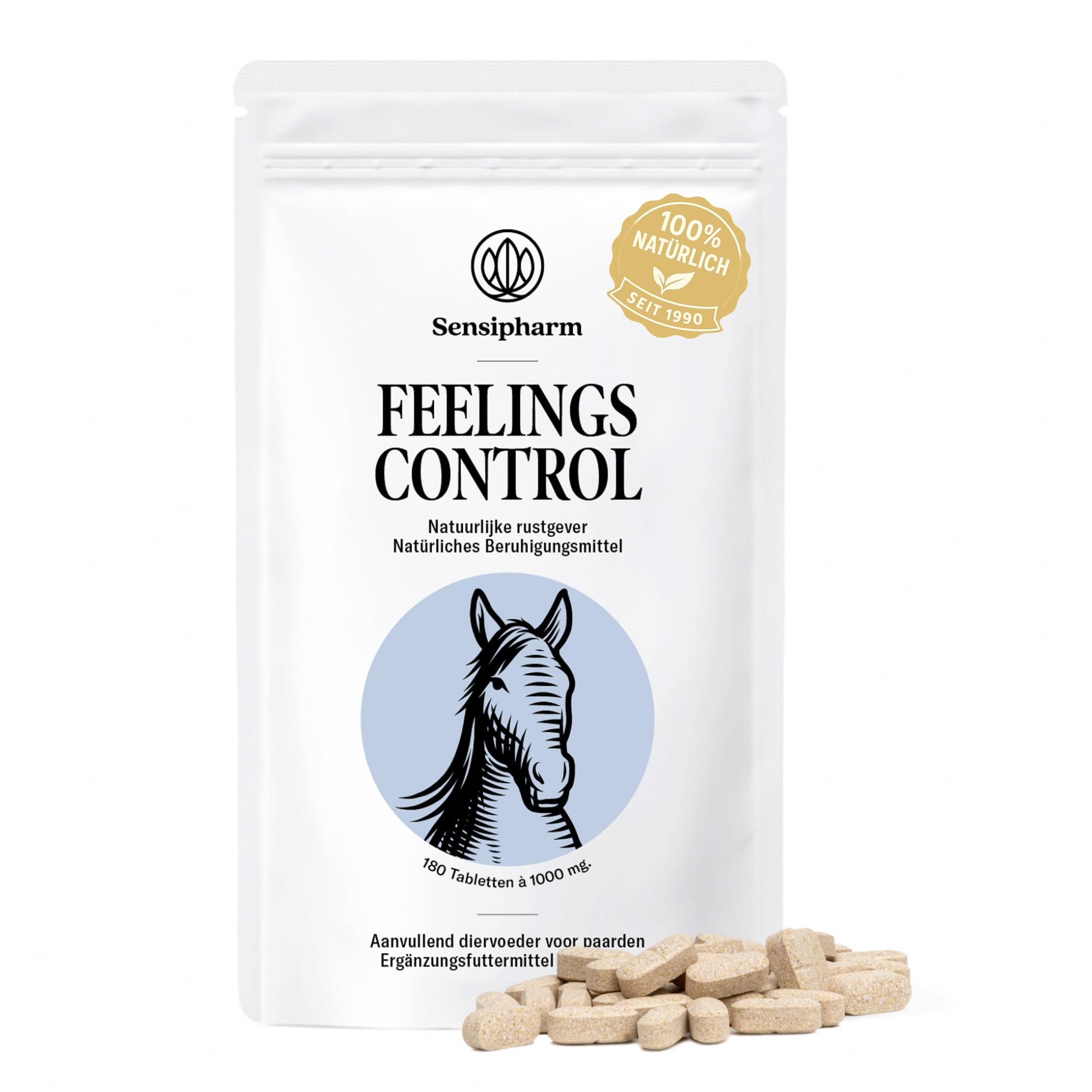Feelings Control Pferd - Beruhigungsmittel für Pferde bei Angst, Stress & Unruhe - natürliches Anti-Stress Ergänzungsfutter bei Reisen, Training & Turnieren - 180 Tabletten à 1000 mg