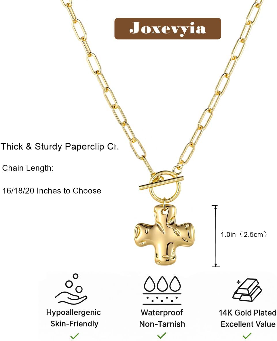 Joxevyia Gold Cross Necklace for Women Hammered Cross Pendant Toggle Clasp Paperclip Chain Statement Choker Bold Faith Jewelry Gift - Image 4