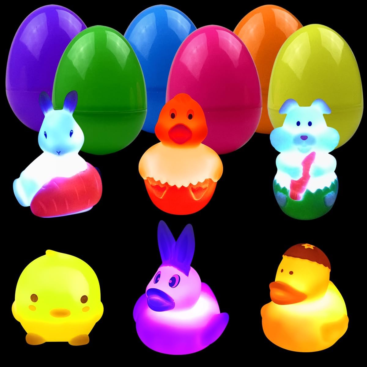 Jofan 6 Pack Prefilled Jumbo Plastic Easter Eggs with Light Up Bath Toys Inside for Kids Boys Girls Toddlers Easter Basket Stuffers Gifts Party Favors