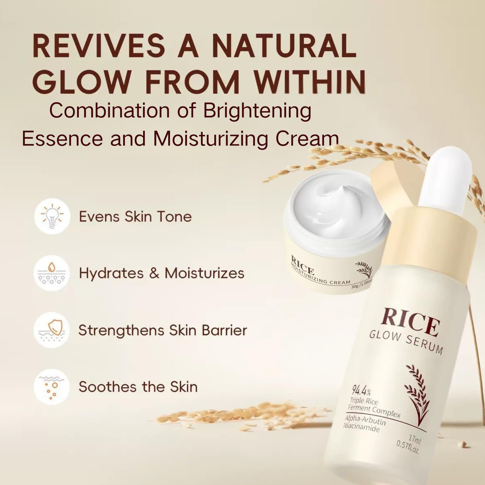 2PCS Korean Rice Skin Care Set,Korean Skincare,Brightening Serum & Hydrating Cream for Glowing Skin,Korean Glass Skin Care,Even Skin Tone - Image 2