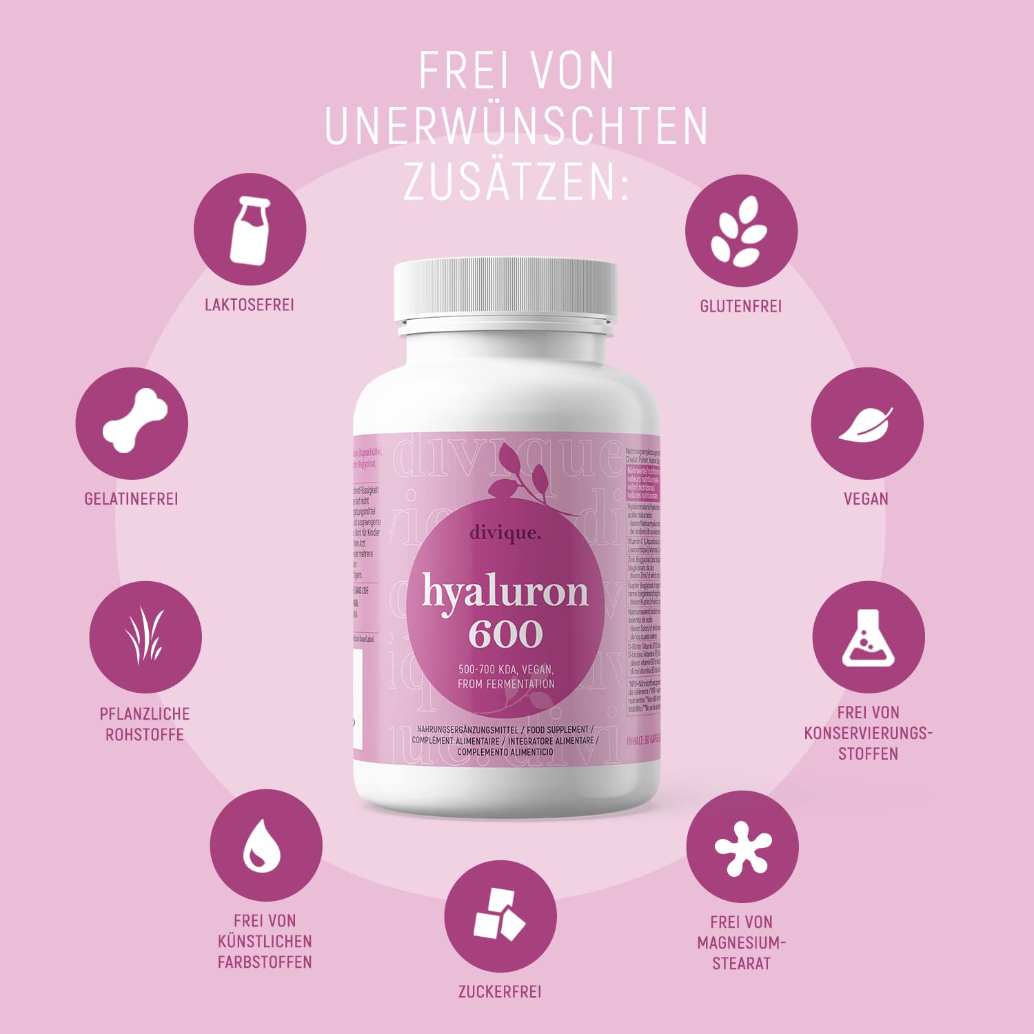 Divique Hyaluron Kapseln (90 Stk.) - Hyaluronsäure Kapseln hochdosiert mit 600mg Hyaluron (500-700 kDa) - mit Vitamin C, Zink, Kupfer, Selen u. Biotin - ohne unerwünschte Zusätze, Vegan, Laborgeprüft