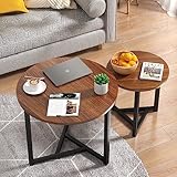 SMOOL Nesting Coffee Tables - Small Round Coffee Table Set of 2, Living Room Tables with Unique Wood Grain Top and Metal Frame, Nesting Tables for Small Spaces, Easy to Assemble, Walnut
