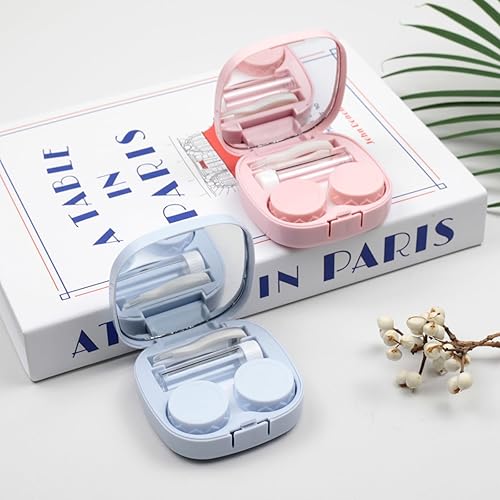 Miniatura 7 de Paquete de 2 fundas para lentes de contacto de viaje, kits de color rosa y azul con espejo, botella de solución, aplicador y herramientas de