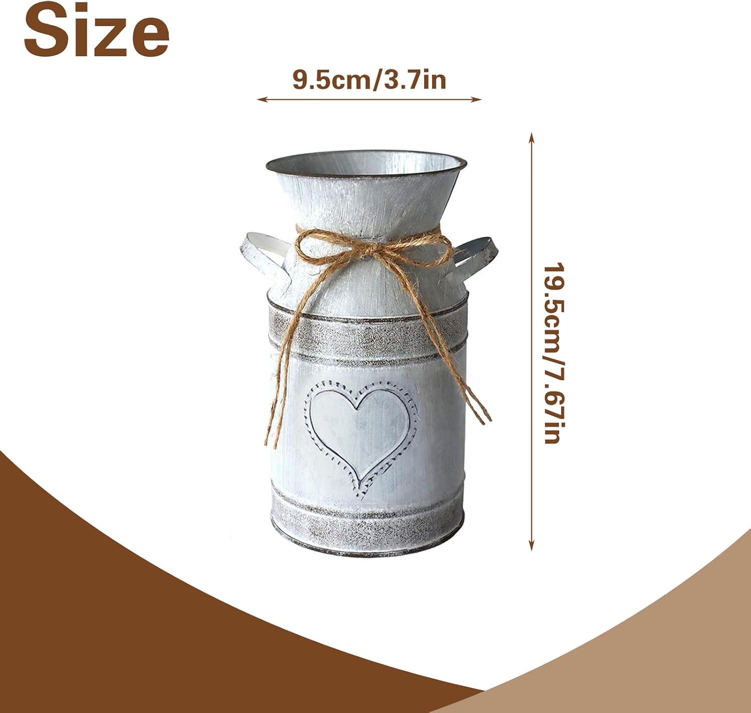 Vintage Iron Milk Can Vase, Rustic Farmhouse Metal Planter Bucket with Handle & Twine, Shabby Chic Flower Holder for Dried Floral Arrangements, Wedding Centerpiece, Home Table Fireplace Decor, 7.5'' - Image 2