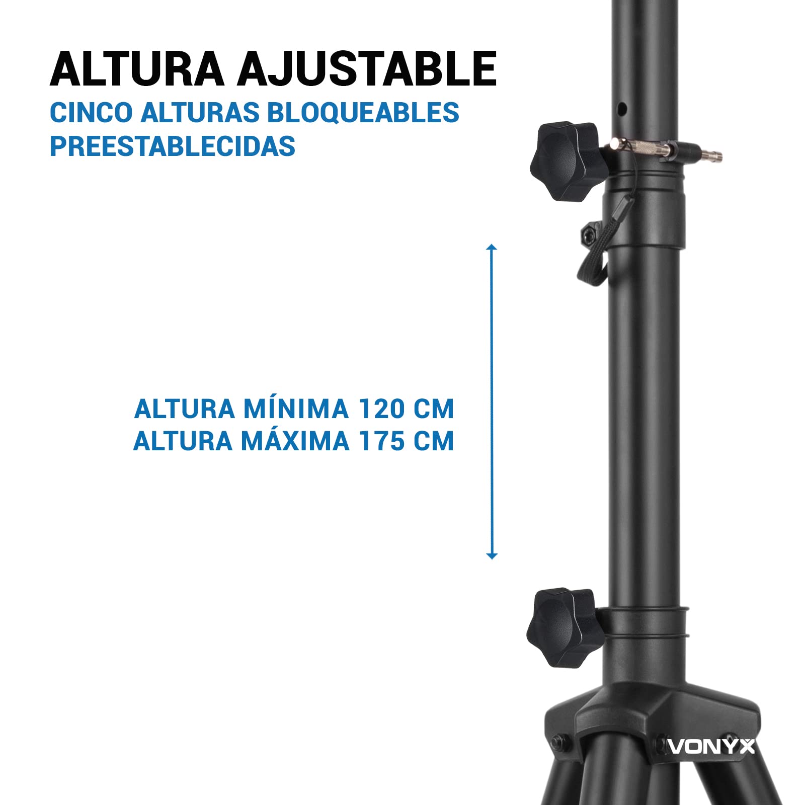 Vonyx LS01 Soporte de Altavoz con Altura Ajustable hasta 180cm con 5 Posiciones, Carga máxima 30 Kg, Pasador de Bloqueo de Seguridad, para Altavoces con Agujero de 35mm, Acabado en Color Negro Mate