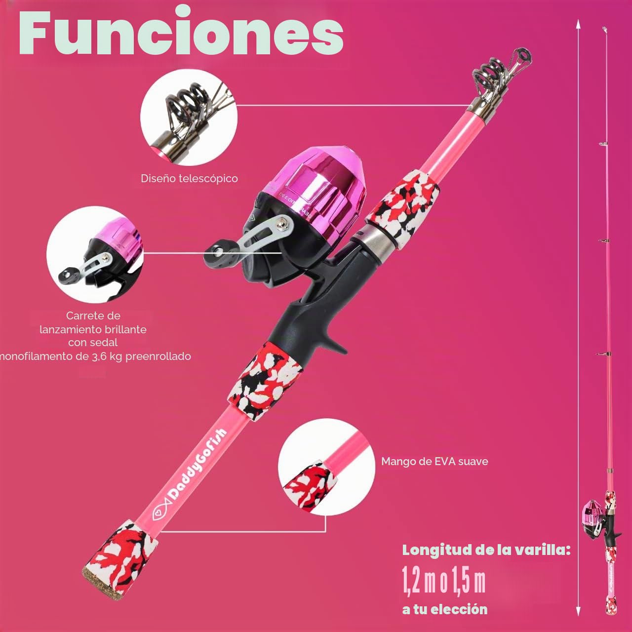 Daddy Go Fish Niños Caña de Pescar telescópica Spincast Combo Silla Plegable Soporte de Varilla Caja de Aparejos Red de Cebo Bolsa de Transporte Niños Niñas