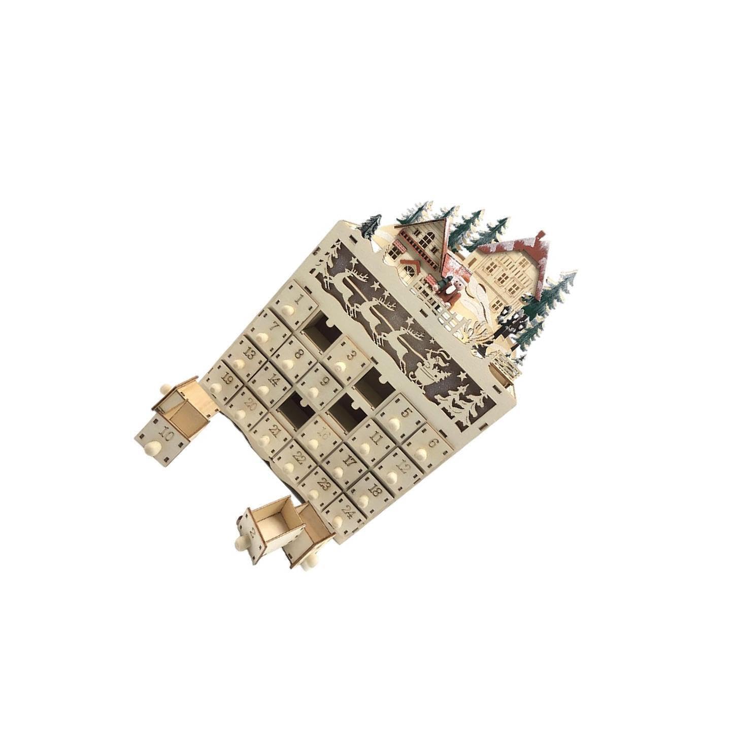 Calendario de Adviento navideño de para Madera con Cuenta Regresiva para Las Fiestas, con 24 cajones extraíbles y Hermosas Luces LED.