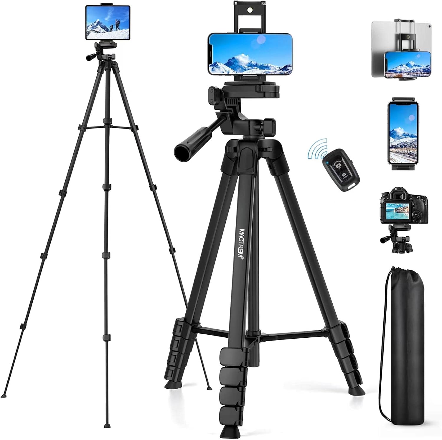 67" Phone Tripod - Tripod Stand for iPad iPhone Tablet Camera with Wireless Remote, Travel Aluminum Tripod with 2 in 1 Mount for Video Recording/Selfies/Live Stream/Vlogging