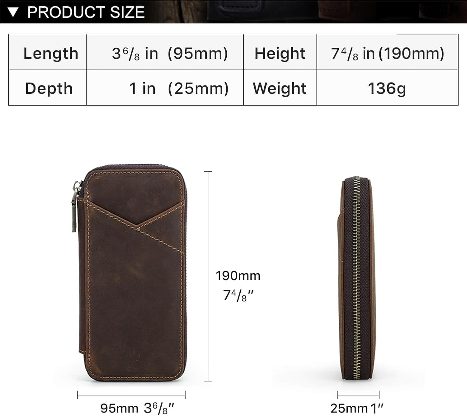 Hiram Handmade 4-Pen Case, Triple-Zip Crazy-Horse Leather Pouch with Microfiber Suede Lining, Heart-Stamped, Fountain/Ballpoint Box, Vintage Executive Stationery Storage(Coffee)