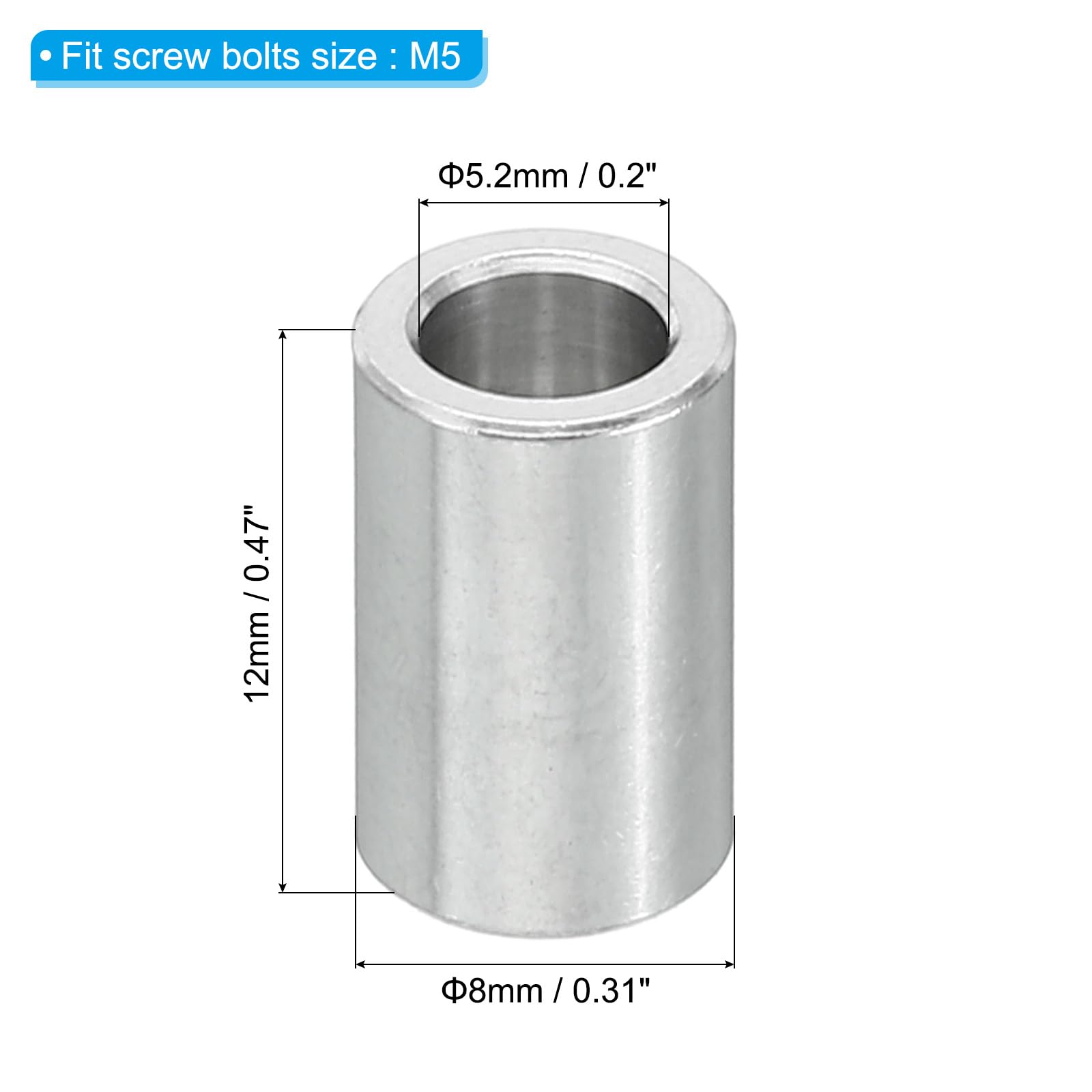PATIKIL M5 Aluminum Spacers, 5 Pcs Metal Spacer Aluminum 5.2mm ID x 8mm OD x 12mm L Aluminum Spacer Screw Standoff Round for 1/5inch or M5 Screw Bolts - Image 2