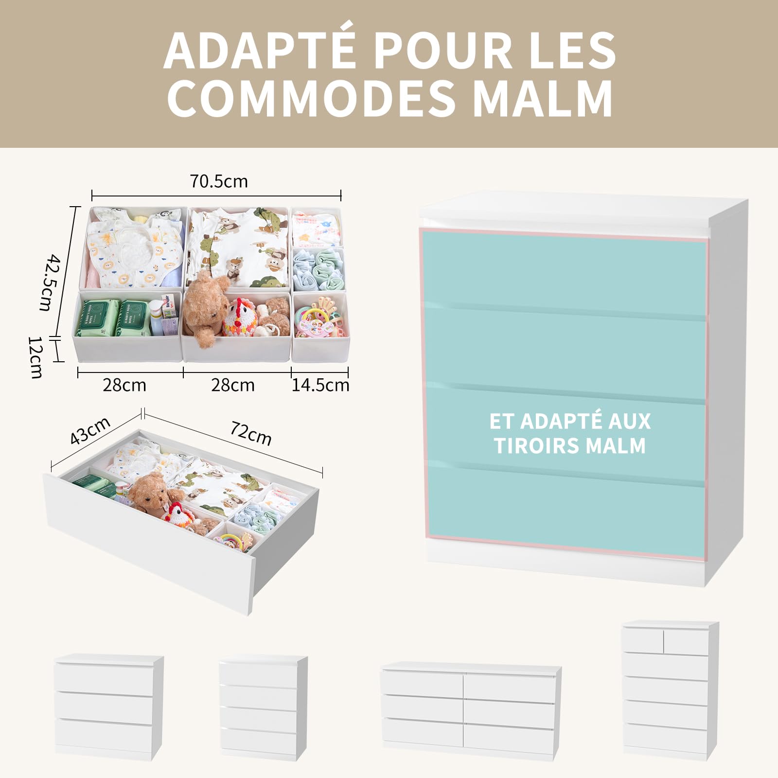 Organizador Cajón 14 piezas - Compatible con Cajonera Malm, Cajas de Almacenamiento Plegables de Tela, Separadores para Prenda, Ropa Interior, Calcetines y Bebé - Blanco