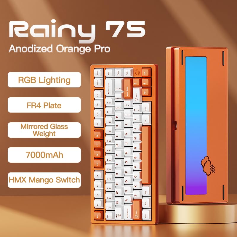Image of KEEBMONKEY WOBKEY Rainy 75 Aluminum HMX /JWK Switches Mechanical Keyboard with Superior Acoustics, Wired, BT, 2.4G Wireless Connectivity (Pro Orange(Mirrored Glass Weight))