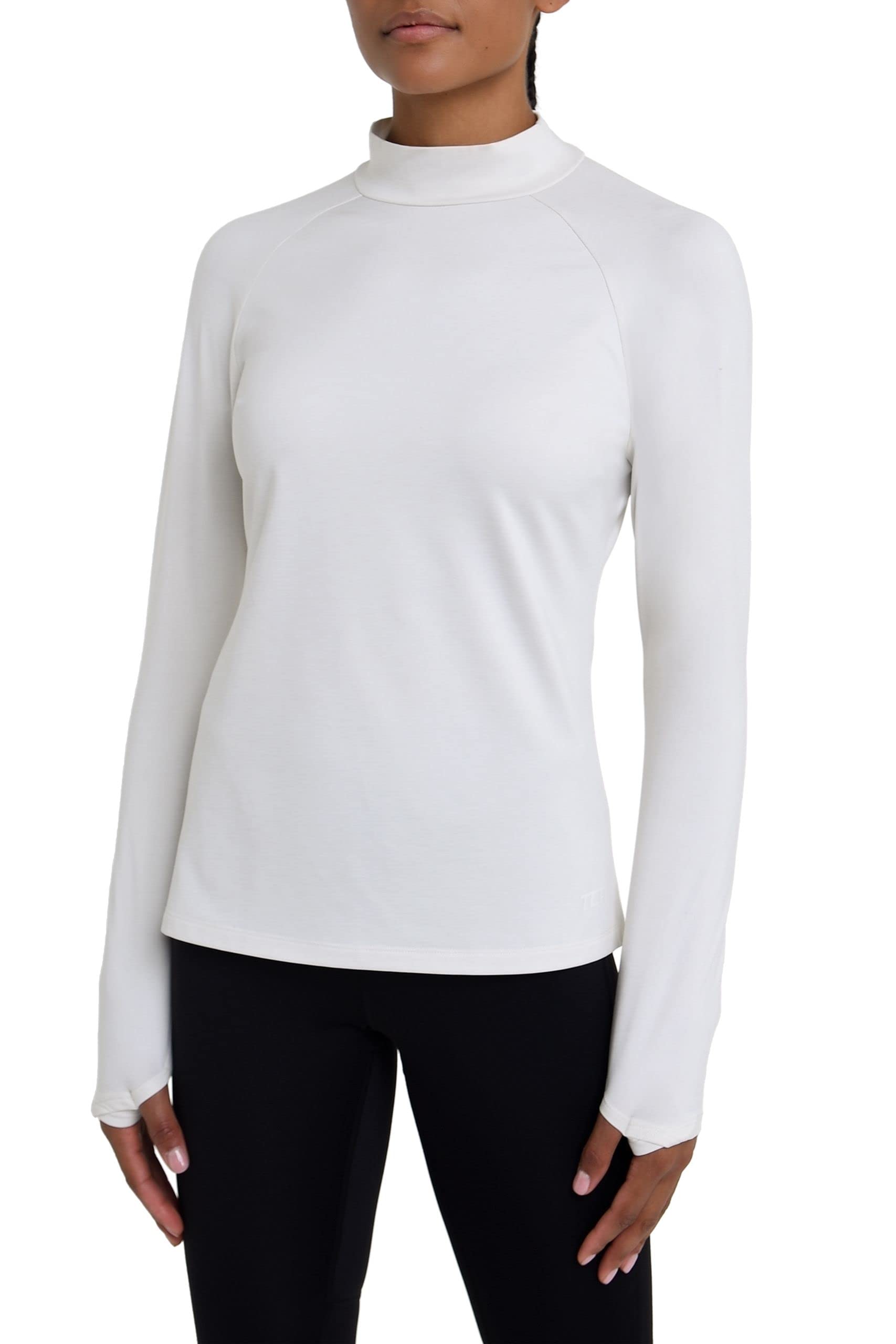 TCA Women's SuperThermal Long Sleeve Performance Base Layer Running Training Workout Top - Mock Neck - with Thumbholes - Marshmallow, M