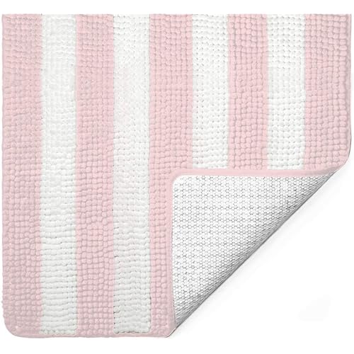 Gorilla Grip Soft Absorbent Plush Bath Rug Mat, 30x20, Microfiber Dries Quickly, Luxury Chenille Shaggy Machine Washable Bathroom Carpet Mats, Rugs for Bathtub and Shower Floor, White Light Pink