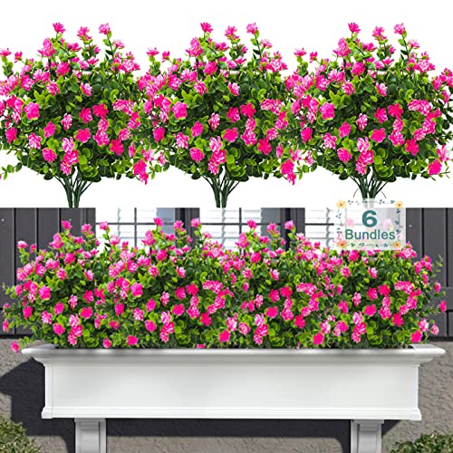 Satefello 6 Bundles Artificial Flowers For Outdoors, Fake Mums Uv Resistant Plants With Flowers Faux Plastic Plants For Outside Planter Window Box-Pink #TOP5
