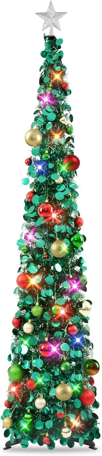 N&T NIETING Pop Up Christmas Tree with Lights & 40 Balls, 6Ft Collapsible Green Tinsel Tree Decorations, Skinny Christmas Tree for Holiday Home Office Decor, Green Green 6ft