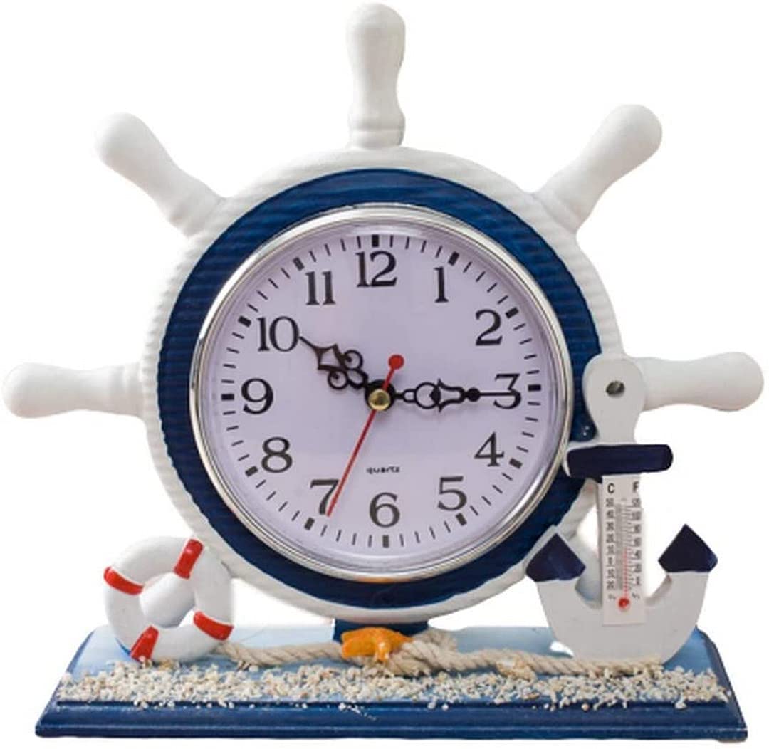 Aoopoo Lifebuoy Lighthouse Mantle Clocks Ocean Nautical Clock Decor, Wheel Rudder Modern Table Clock For Living Room Desktop Solid Wood, Mediterranean Style For Kids Bedroom Bedside Home Decor (Lifebuoy)