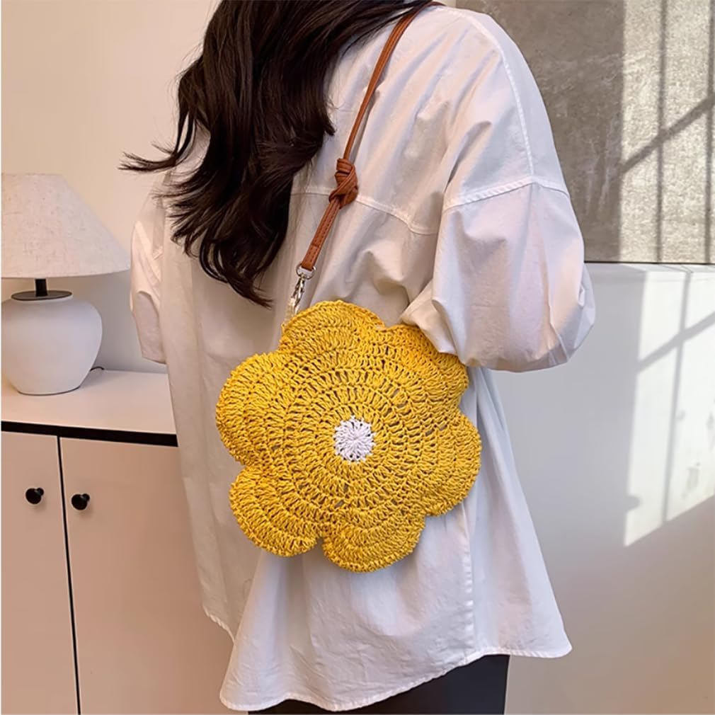 Straw Beach Bag for Women Fashion Flower Shoulder Bagss Cute Crossbody Purse Messenger Handbag