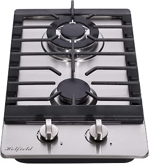 12 Inch Gas Cooktop, Built-in 2 High Efficiency Burners Stainless Steel Gas Stove Top LPG/NG Convertible Dual Fuel Cooker
