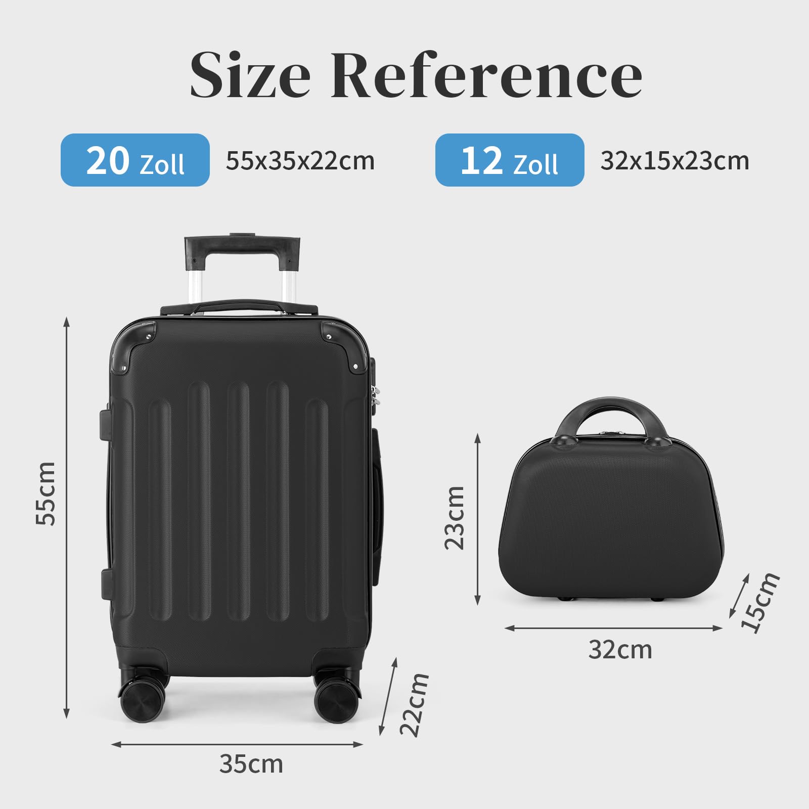 LEADZM Handgepäck Koffer mit Kosmetikkoffer, Koffer Set 2 teilig Hartschale mit verstärkten Ecken, Kofferset aus ABS, Reisekoffer, Hartschalenkoffer Set, Koffer & Trolleys (Schwarz)