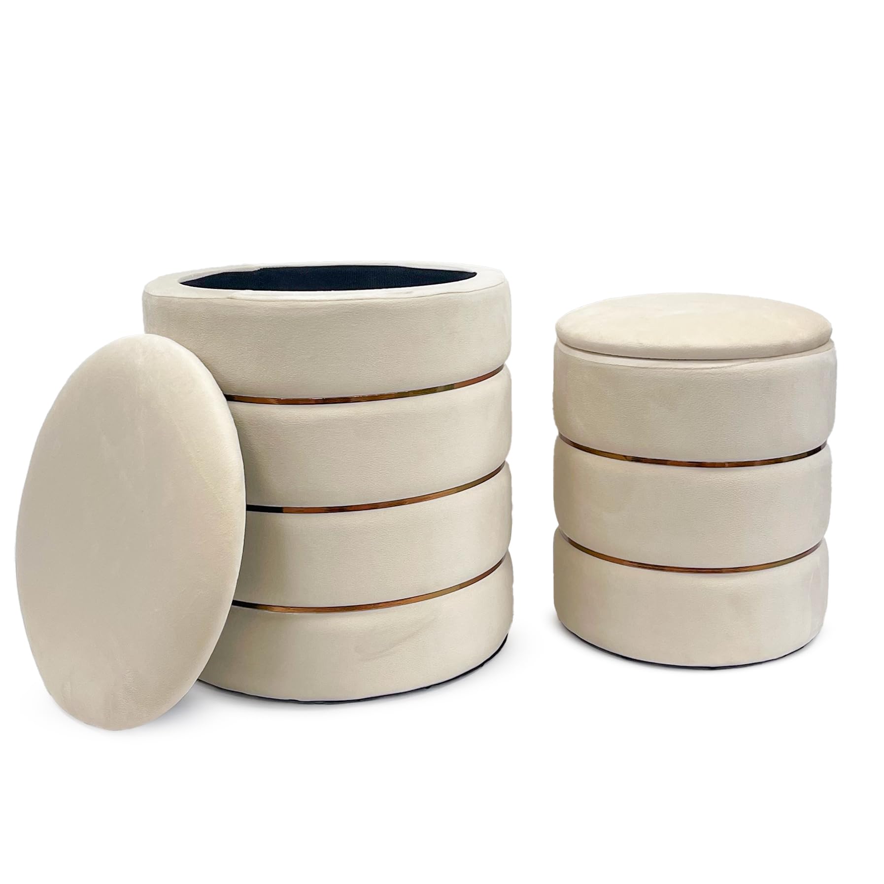 IlGruppone Set 2 Pouf Contenitori in Velluto – Pouf Arredo Moderni Impilabili, Poggiapiedi con Contenitore Salvaspazio, 4 Colori – Grande 37x41 cm, Medio 28x34 cm - Beige