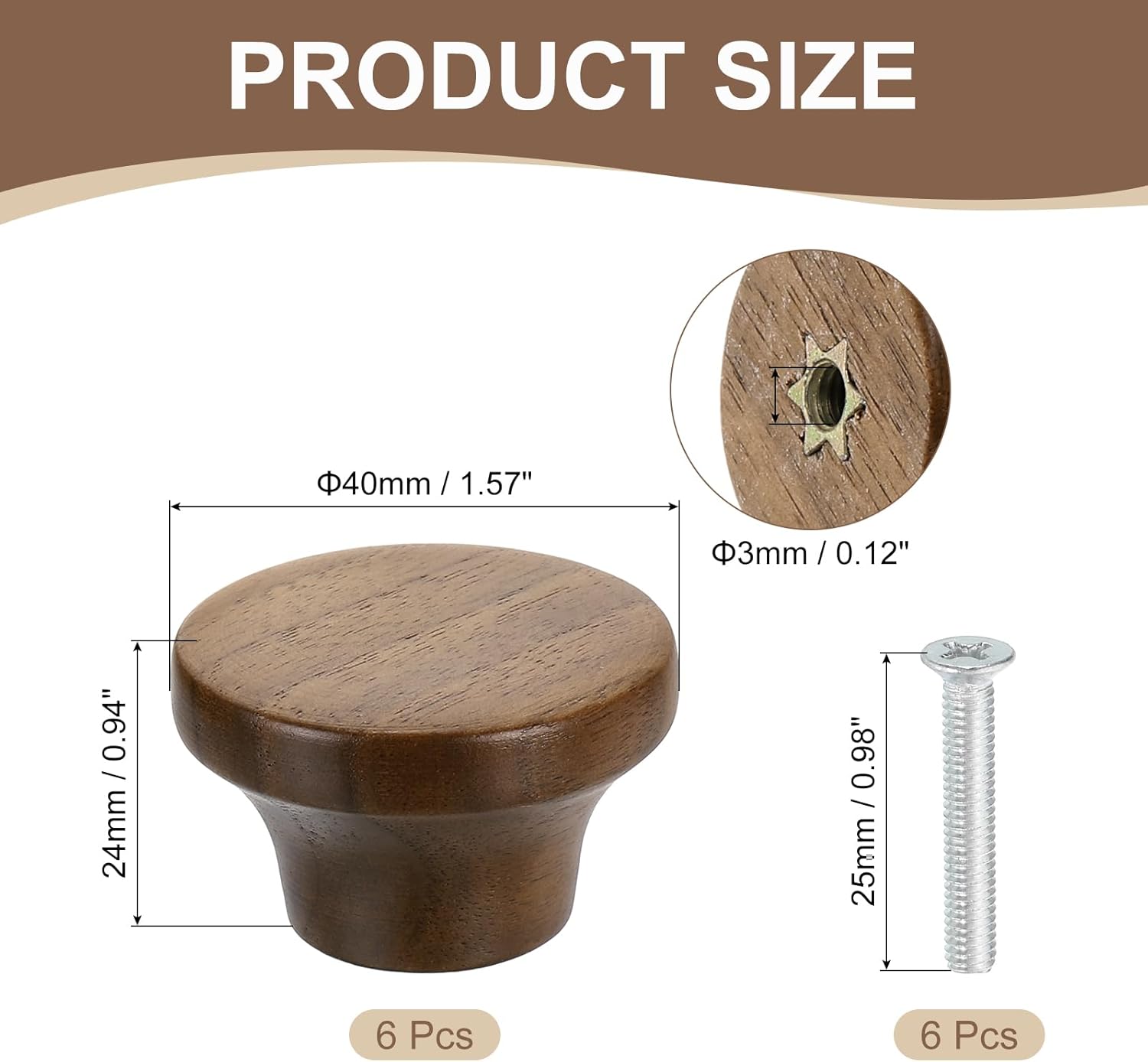 uxcell 6Pcs Round Wood Drawer Knob, 1 5/8" Diameter Flat Head Dresser Knobs Wooden Knobs with Screws for Furniture Drawer Dresser Wardrobe Cupboard, Walnut