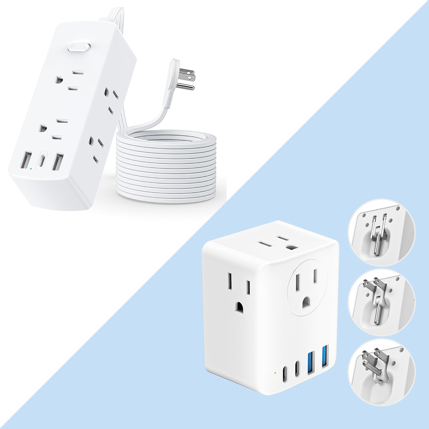 Flat Plug Power Strip with 5ft Extension Cord & Cruise Power Strip Foldable Plug