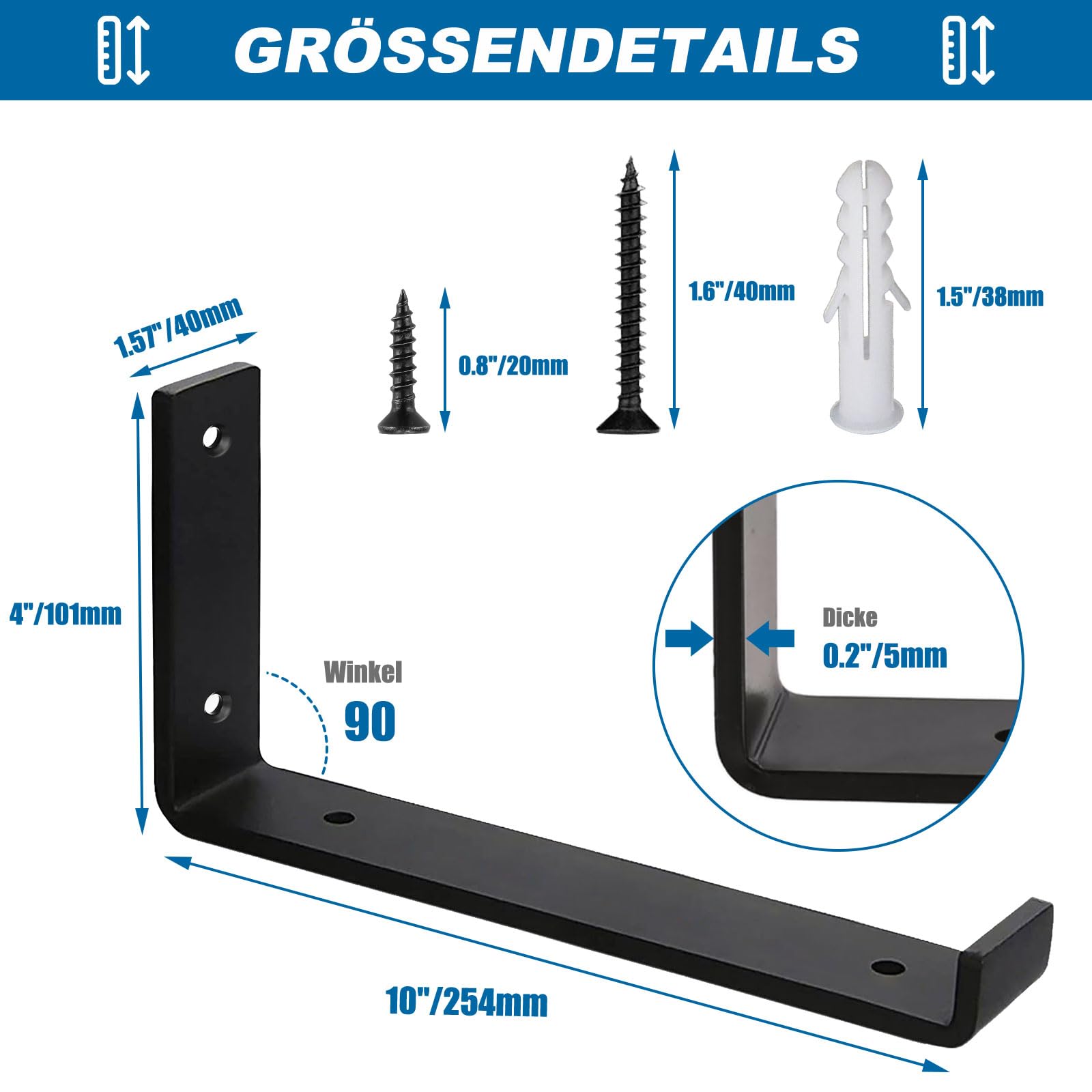 Regalhalterungen Schwerlastwinkel 4 Stück - 5 mm Starke Stahl Metall Regalträger mit Lippen, Industrielle Rustikale Schwarz Wand Regal Halterungen Kit 25 cm