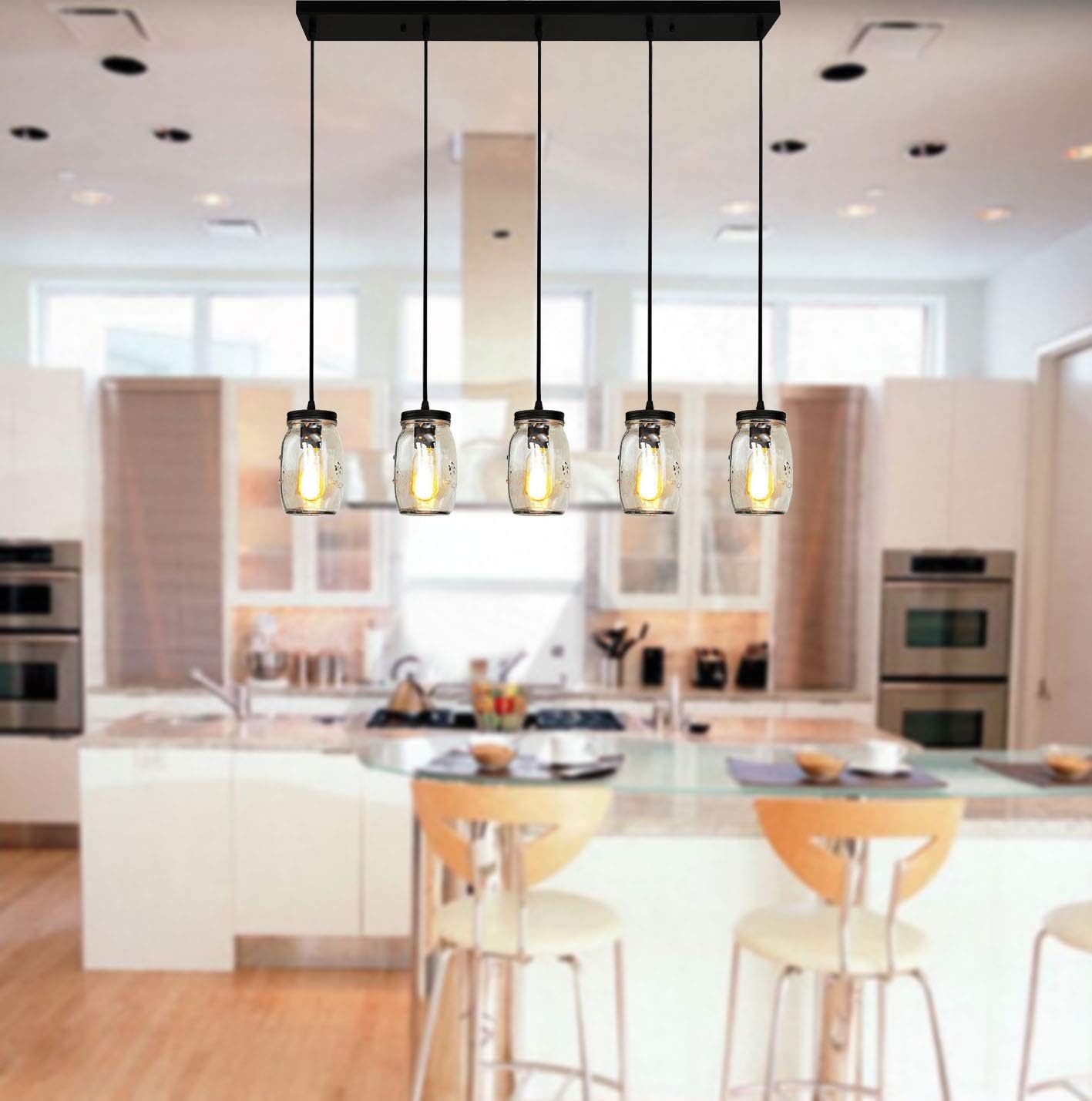 Review Discount LONGWIND Mason Jar Light Fixture for Kitchen Island Lighting,5 Lights Linear Chandelier Glass Hanging Pendant Lights New Deal LONGWIND Mason Jar Light Fixture for Kitchen Island Lighting,5 Lights Linear Chandelier Glass Hanging Pendant Lights