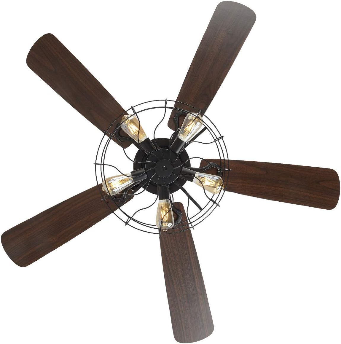 OUKANING Retro Industrial Ceiling Fan Light 52 Inch 5-Lights E27 Fixture for Restaurant Living Room Bedroom Create Iron Cage Rustic Style (52" Retro Industrial) (Retro Industria Cage)