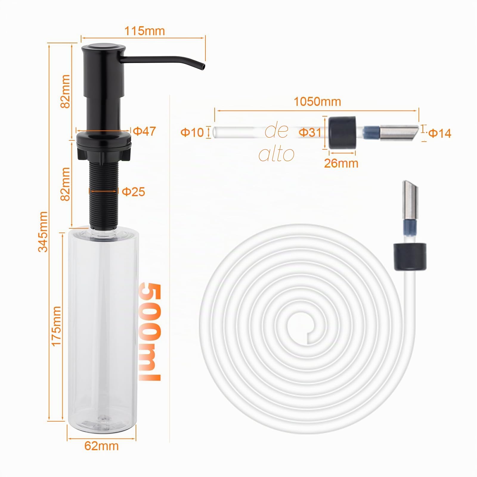 Ibergrif Dispensador de Jabón de Cocina Bajo Encimera, Dosificador Jabón Cocina con Botella de 500 ml y Tubo Silicona de Extensión de 1,0 m, Negro, M34040B