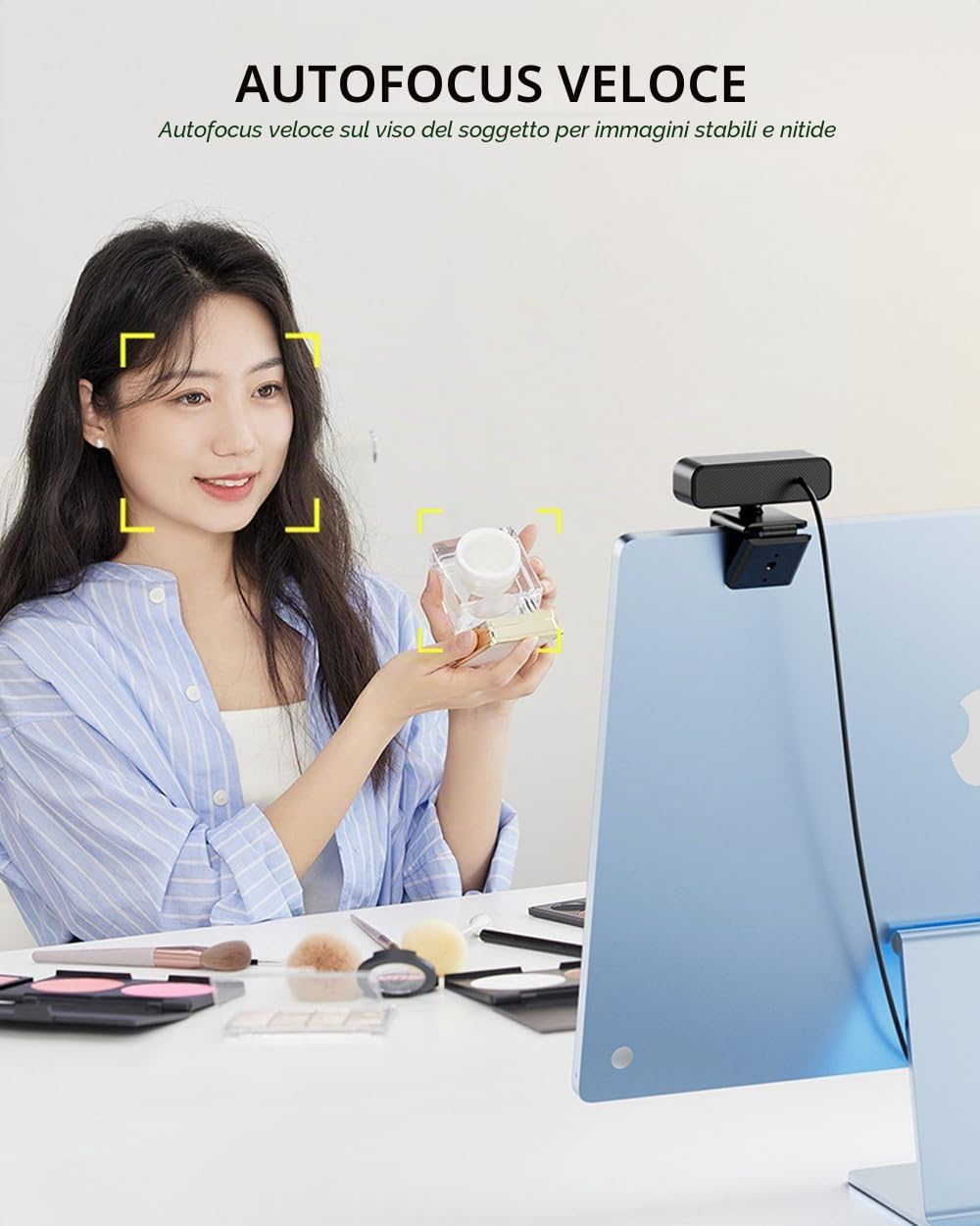 Webcam 4K UHD Ring Light per PC, webcam 1080P 60FPS con doppio microfono AI con cancellazione del rumore, correzione automatica della luce, copertura della privacy, FOV 73°, autofocus PDAF, copertura