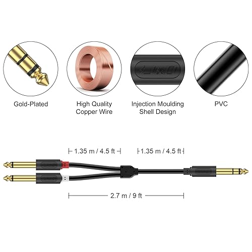 Miniatura 3 de J&D Cable de inserción estéreo TRS de 14 de pulgada, audio wave chapado en oro, serie de 0.250 in 14 pulgadas TRS macho a doble 0.250 in 14 pulgadas