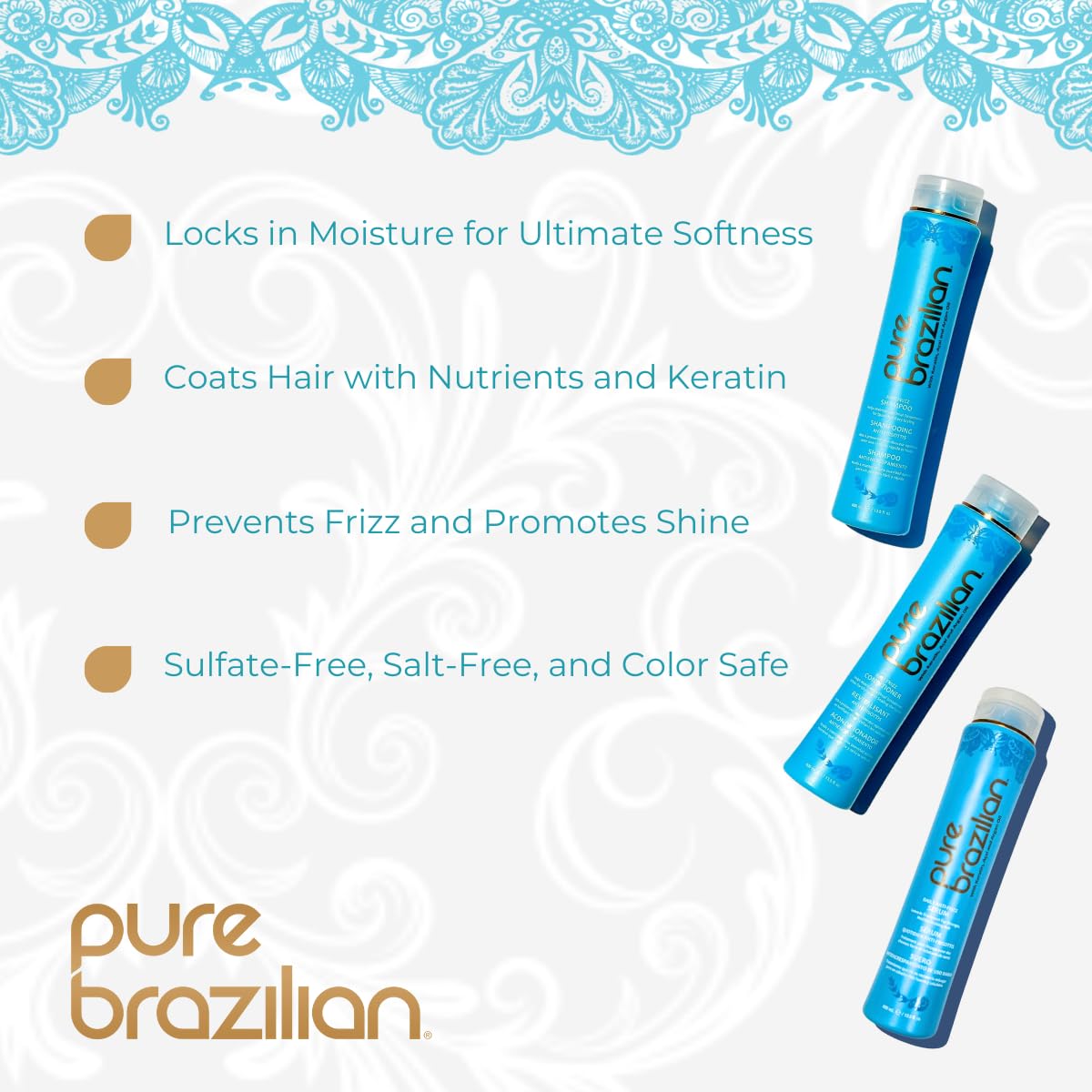 Pure Brazilian Anti-Frizz 3-Piece Kit: Hydrating Shampoo, Nourishing Conditioner & Restorative Serum, Enriched with Keratin and Argan Oil for Smooth, Silky Hair - Complete Haircare Set - Image 2